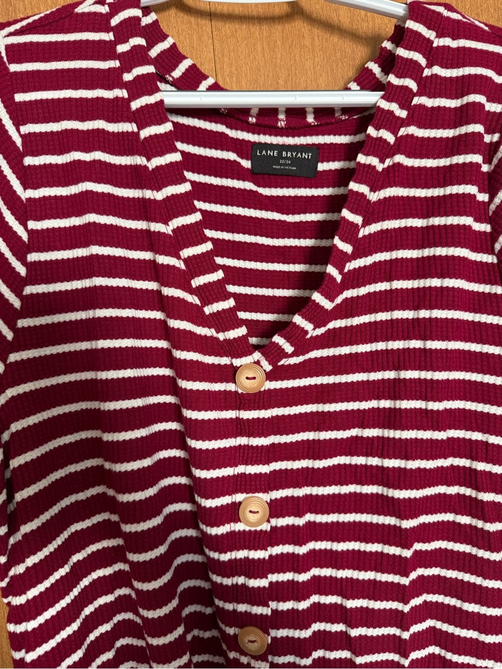 Lane Bryant Burgundy & White Striped Button-Front Tie-Hem Top - Picture 3 of 5